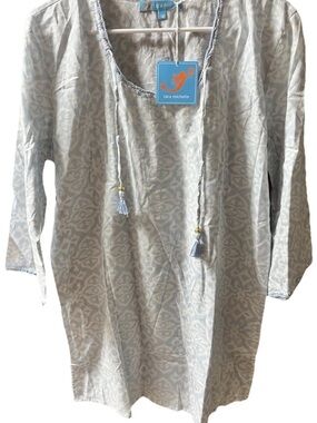 NWT Tara Michele Sky Blue Geometric Cotton Tunic Blouse L Boho Resort